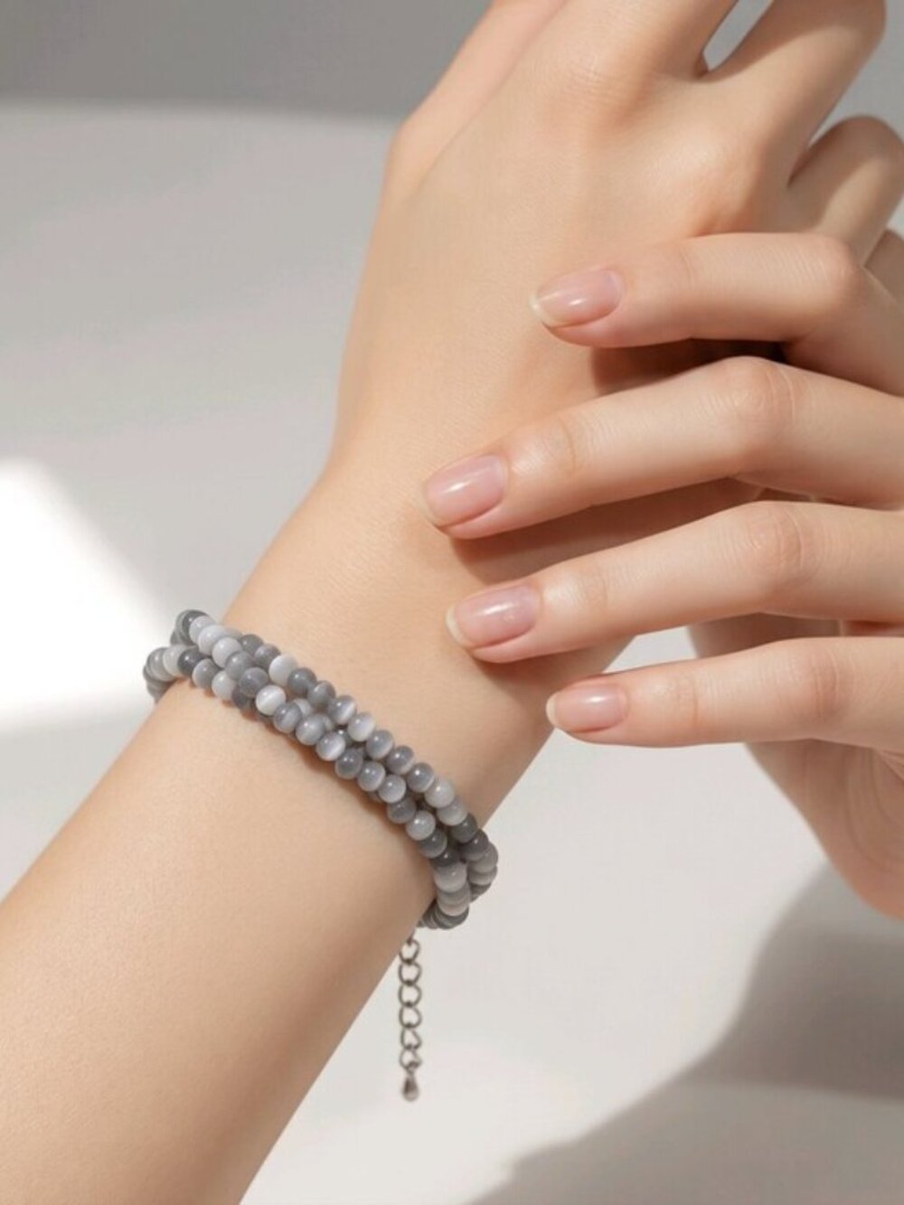 Artisan Grey Moonstone 3 Row Bracelet Stainless Steel Layered Bead Stack New